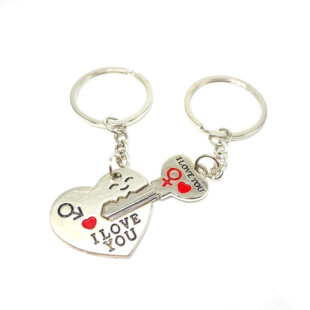 Silver heart and key couples keychain